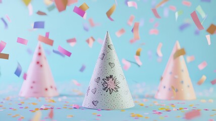 Party hats with confetti on blue backdrop