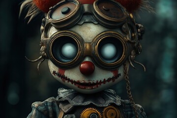 Steampunk Clown with Goggles and Mechanical Details in Dark Setting