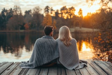 Romantic Couple Wrapped in a Blanket on a Wooden Pier, Watching the Sunset Together, Holding Hands, Enjoying the Warmth of the Evening, Intimate Moment, Cozy Autumn Day, Lake View, Love and