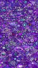 Abstract purple and blue digital art with various shapes and patterns.