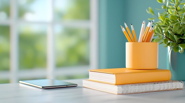 Meticulously organized desk with an array of essential office supplies including pens pencils ruler notebook calendar and other stationery items creating a productive and efficient work environment