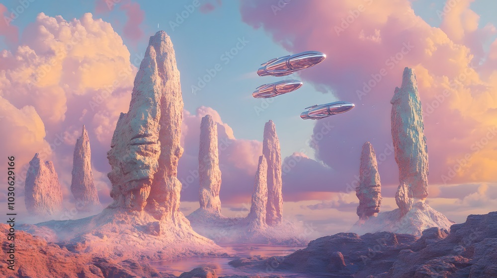 Wall mural a surreal landscape of massive, floating rock formations with chrome retro spaceships cruising betwe