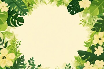 Naklejka premium Floral spring design with flowers, green leaves, . Round shape with space for text. Sale banner or flyer template, vector illustration