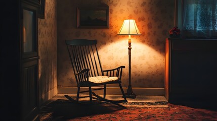 95. A cozy corner with an empty rocking chair and soft lighting