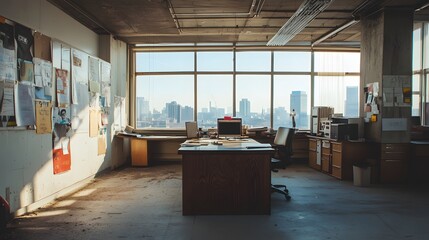 96. An empty office space with a large desk and motivational posters
