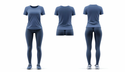 A female mannequin wearing a blue t-shirt and leggings with white sneakers, viewed from the front, back, and side.