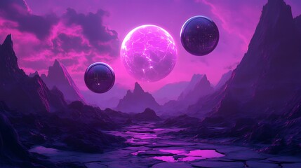 A surreal alien desert with retro robots and glowing spheres floating above a cracked, neon-tinted landscape under a purple sky