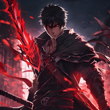 A young boy in a demon hunter outfit, with a scarred face and glowing red eyes. Close-up of a face that exudes strength.