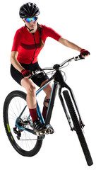 Muscular young woman, athlete, cyclist in uniform and helmet, riding bicycle against transparent...