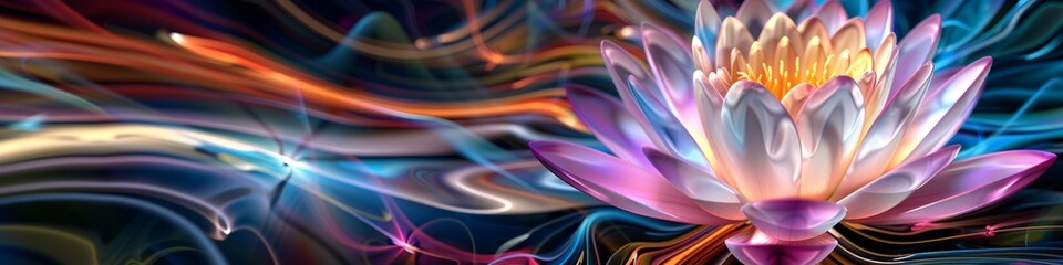 Colorful Lotus Flower Made of Light Rays and Digital Patterns with Abstract Background Generative AI
