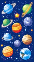 Colorful cartoon planets and stars on a dark blue background.