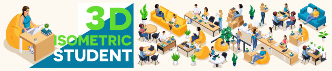 Isometric Kit Students and Furniture. Characters, Personage, Students relax in Comfortable Chairs, Study at Beautiful Tables. Happy Students Life