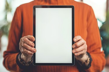 App screen woman in her 50s holding a tablet with a completely white screen