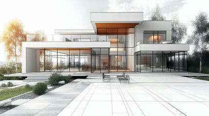 Modern architectural design featuring large glass windows and clean lines.