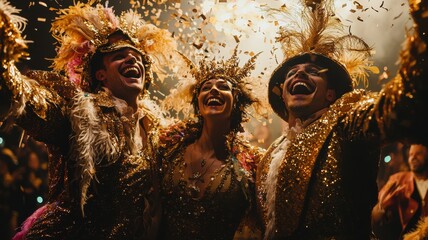 Performers celebrating in golden costumes
