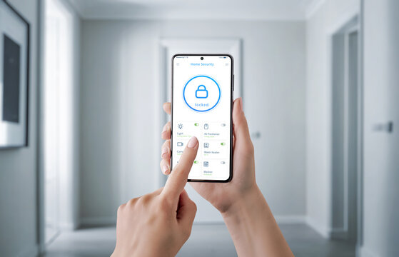 Hand holding a smartphone with a security app interface, controlling home safety features like door lock, surveillance camera, and alarms. Concept of modern security, remote monitoring