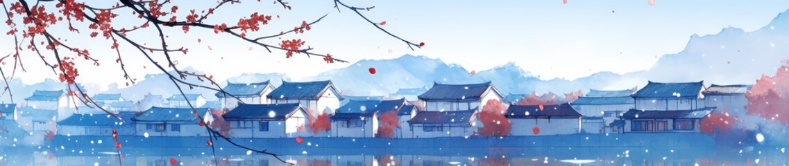 Ancient Chinese Town with White Walls and Black Tile Buildings by the River Generative AI