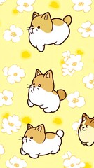 Cute cartoon cats with white flowers on a yellow background.
