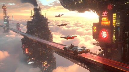 A futuristic racetrack suspended in the clouds, with vintage flying cars zooming past glowing neon signs and retro-futuristic skyscrapers