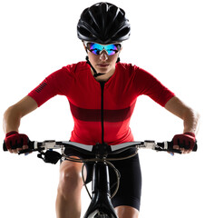 Close-up professional female cyclist young woman with road bike bicycle posing against transparent...