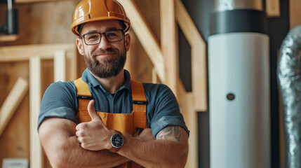 A smiling construction worker gives a thumbs up in a work setting.