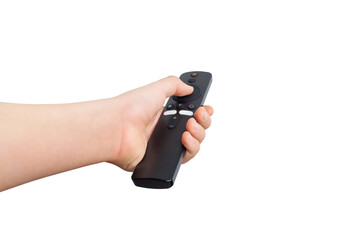 Hand holding a simple remote control with minimal buttons, isolated on a white background. Perfect for various themes and customizable backgrounds