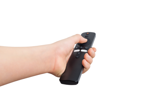 Hand holding a simple remote control with minimal buttons, isolated on a white background. Perfect for various themes and customizable backgrounds