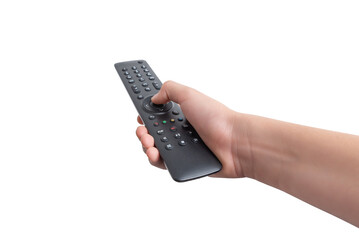 Hand holding a TV remote control featuring numbered channel buttons and additional function keys, isolated on a white background. Ideal for various backgrounds