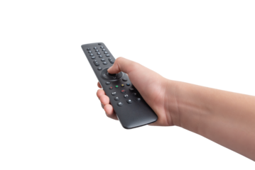 Hand holding a TV remote control featuring numbered channel buttons and additional function keys, isolated on a white background. Ideal for various backgrounds