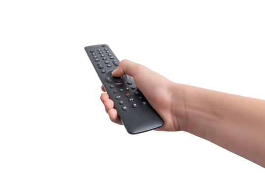 Hand holding a TV remote control featuring numbered channel buttons and additional function keys, isolated on a white background. Ideal for various backgrounds