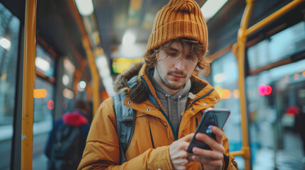 A young man, lost in the digital world, navigates the city bustling public transportation system.