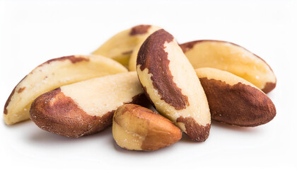 Heap of brazil nuts isolated on white backdrop. Healthy and tasty snack. Super food.