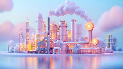 A stylized illustration of an industrial complex with smoke billowing from a chimney.