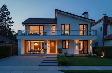 Exterior of a two-story house with large windows and green area on a summer evening. Modern design