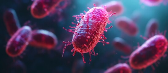 Microscopic view of pink bacteria with spiky protrusions, floating against a dark blue background.
