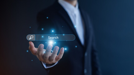 Searching Browsing Internet Data Information with blank search bar.Search Engine Optimization SEO Networking Concept.