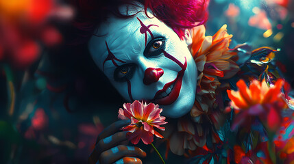 Generative AI, The Melancholy Clown: Smile Fades with a Wilting Flower