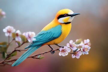 Fototapeta premium Colorful bird perched on a blooming branch, painted with soft watercolor strokes