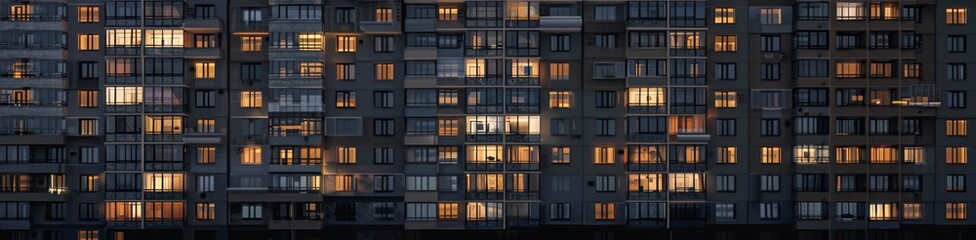 Night View of Modern Apartment Buildings with Many Windows Lit Up, Photorealistic High Resolution Generative AI