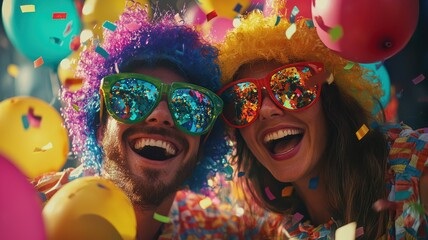 Obraz premium Friends in bright wigs celebrating carnival with ballons background