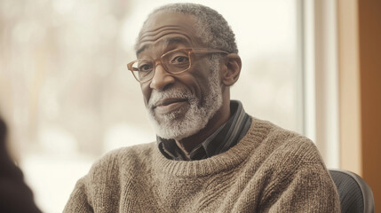 Fototapeta premium Social worker counseling an elderly man at a senior center, providing companionship and support in a warm, inviting space photo