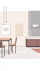 Minimalist kitchen dining room interior design with a table, chairs, and a counter with cabinets.