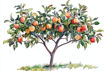 Lush apple tree with ripe fruit in watercolor style
