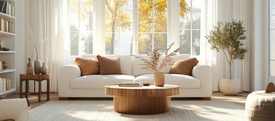 Fototapeta premium A large living room with a white couch and a white coffee table