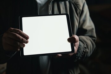 Naklejka premium Screen display man in his 40s holding a tablet with an entirely white screen