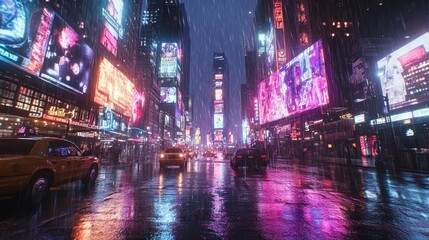 Obraz premium Futurism Cyberpunk Chicago in the rainstorm, neon billboards shine, skyscrapers soar, and purple, blue and pink colors cast a dazzling light in the rain.