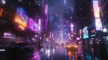 Futurism Cyberpunk Chicago in the rainstorm, neon billboards shine, skyscrapers soar, and purple, blue and pink colors cast a dazzling light in the rain.