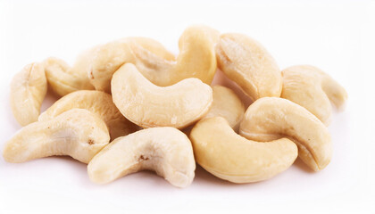Heap of cashews isolated on white backdrop. Healthy and tasty snack. Super food.