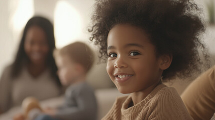 Obraz premium Nanny being interviewed by parents in a cozy living room, with toys scattered and children peeking curiously photo