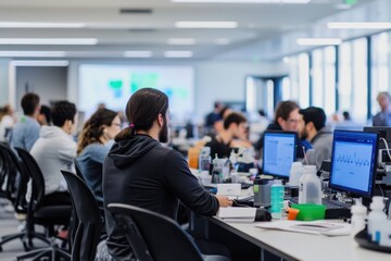 A biotech innovation hub filled with startup teams brainstorming, prototyping wearable health devices, gene therapy solutions, and advanced diagnostics tools